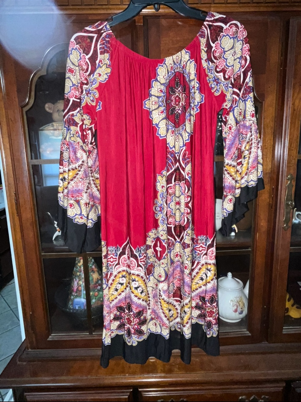 Women’s Medium Red Paisley Boho Tunic Dress 3/4 Sleeve Scoop Neck Stretchy Hem - Picture 4 of 6